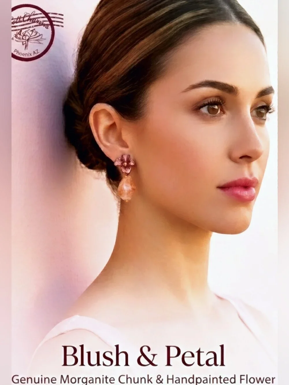 Handpainted Pink Flower & Natural Morganite In Chunky Gold Plated Earrings
